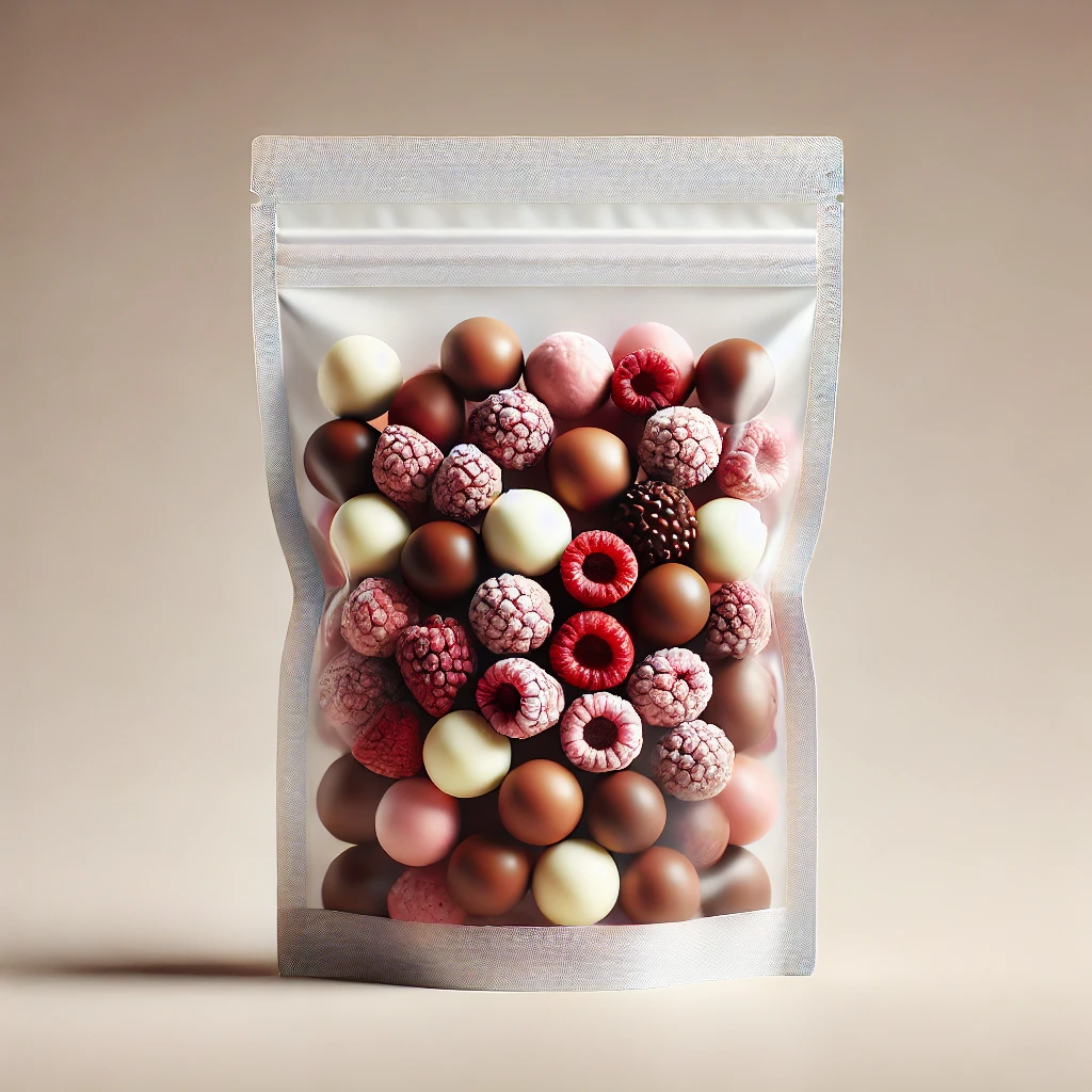 Gefriergetrocknete Himbeeren und Erdbeeren in Schokolade